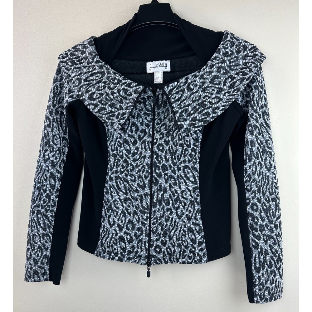 Joseph Ribkoff Women's Size 10 Leopard Print Zip Up Portrait Collar Jacket Grey - Picture 11 of 12